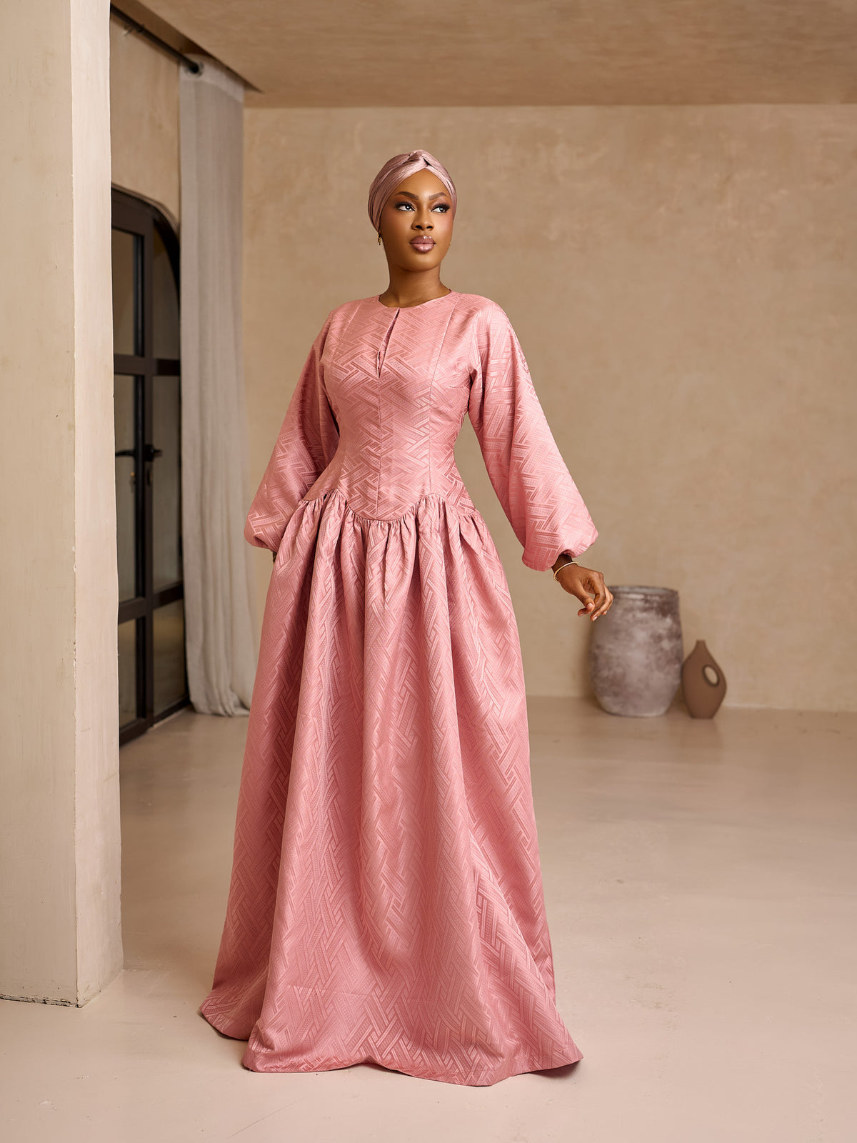 Aya Damask Dress - Burgundy