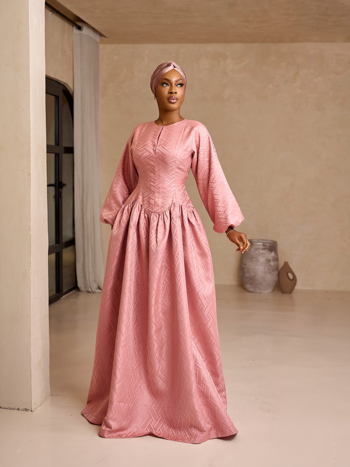 Aya Damask Dress - Peach
